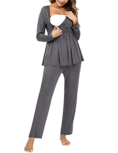 Litherday Stillpyjama Lang Umstandspyjama Langarm Zweifarbiger Baumwolle Stillzeit Nachtwäsche Stillfunktion Pyjama Set mit Elastischen Bundes und Tasche von Litherday
