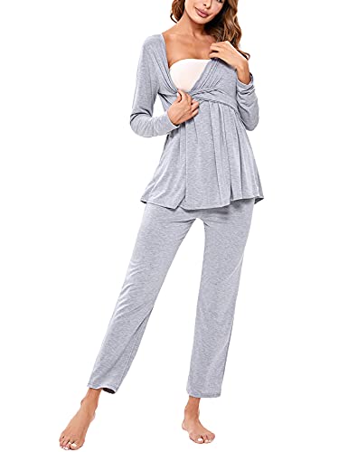 Litherday Stillpyjama Lang Umstandspyjama Langarm Zweifarbiger Baumwolle Stillzeit Nachtwäsche Stillfunktion Pyjama Set mit Elastischen Bundes und Tasche von Litherday