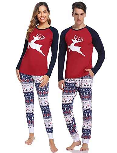 Litherday Weihnachten Schlafanzug Damen Deer Pyjama Set Schlafanzüge Elch Druck Nachtwäsche mit Davidshirsch, Rot+Marine, XXL von Litherday