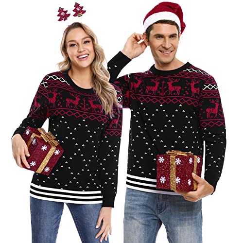 Litherday Weihnachtspullover Damen Strickpullover mit Rentiermuster Rundhals Strickpulli Lang Christmas Sweater Warme Pullover für Weihnachten Party im Winter, Schwarz, L von Litherday