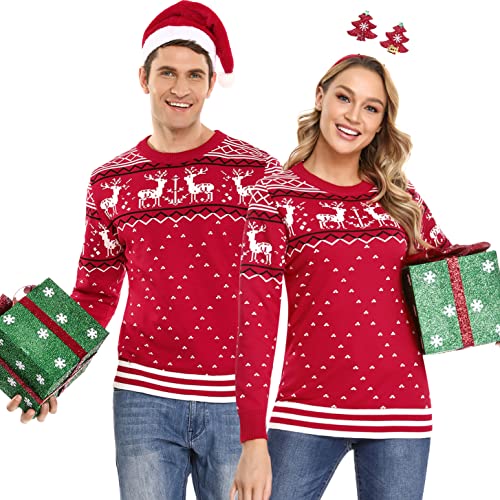 Litherday Weihnachtspullover Damen Strickpullover mit Rentiermuster, B-rot, XL von Litherday