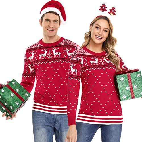 Litherday Weihnachtspullover Damen Strickpullover mit Rentiermuster, B-rot, XXL von Litherday