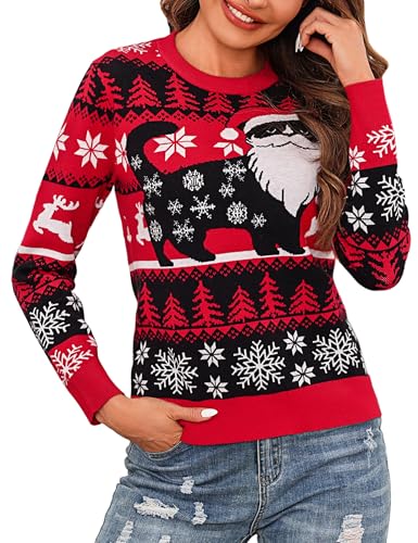 Litherday Weihnachtspullover Damen Ugly Christmas Sweater mit Katze und Schneeflocke Langarm Warme Strickpullover Rundhals Hässlicher Weihnachtspulli Rot XL von Litherday