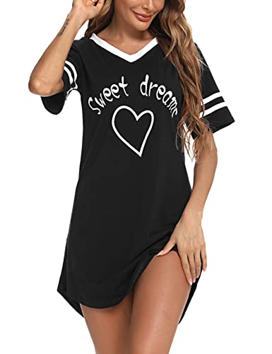 Litherday Nachthemd Damen Nachtwäsche Baumwolle Loungewear Nachtkleid Kurz Negligee Streifen Kurze Ärmel Sleepshirt Kurzarm V-Ausschnitt Sleepwear Bequeme Freizeitkleid, Schwarz, L von Litherday