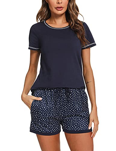 Schlafanzug Damen Kurz Pyjama Baumwolle Kurzarm Pyjamas Set Star Nachtwäsche Set Zweiteiliger mit Damen Pyjamahose und Shirt Rundhals Elastischer Bund Taschen Sleepwear für Sommer, Navy blau, L von Litherday