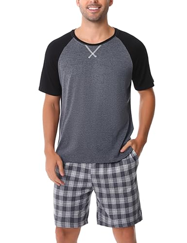 Schlafanzug Herren Kurz Pyjama Baumwolle Kurzarm Pyjamas Set Kariert Nachtwäsche Set Zweiteiliger mit Herren Pyjamahose und Shirt Rundhals Elastischer Bund Taschen Sleepwear für Sommer, Grau, M von Litherday