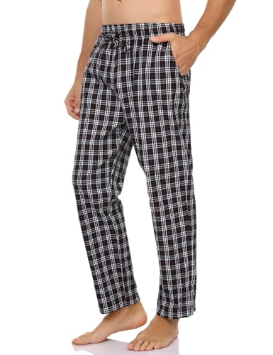 Litherday Schlafanzughose Herren Lang Kariert Pyjamahose 100% Baumwolle Nachtwäsche hose mit 2 Taschen, Schwarz+weiß+rot, S von Litherday