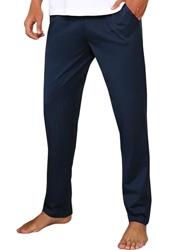 Litherday Schlafanzughose Herren Lang Pyjamahose 100% Baumwolle Nachtwäsche hose Unifarbene Freizeithose für Herren Loungewear Sleepwear mit Taschen Elastischer Bund, Marine, L von Litherday