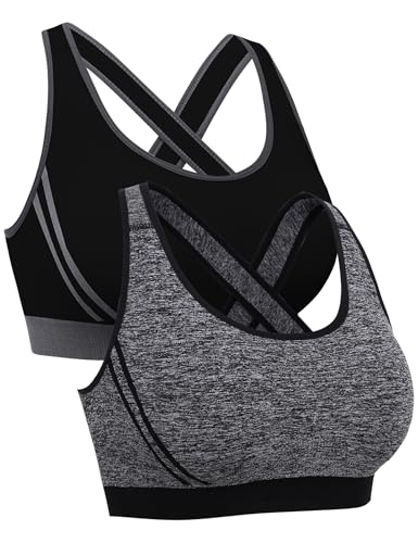 Litherday Sport BH Damen Sports Bra Gekreuzt Rücken BH Ohne Buegel Push up Yoga Bra Sport Bustier Damen Bustier BH für Fitness Running Jogging Gym Dancing, Dunkelgrau+Schwarz, L von Litherday