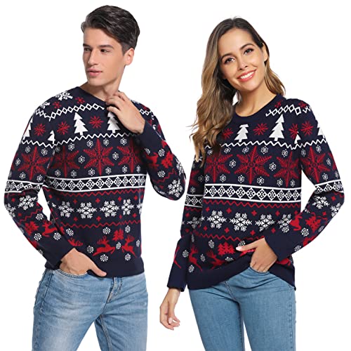 Weihnachtspullover Damen Christmas Sweater mit Rundhals Strickpulli Langarm Warme Strickpullover mit Rentiermuster Pullover für Weihnachten Party im Winter, Marine, L von Litherday