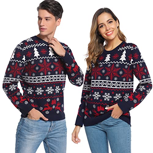 Weihnachtspullover Herren Christmas Sweater mit Rundhals Strickpulli Langarm Warme Strickpullover mit Rentiermuster Pullover für Weihnachten Party im Winter, Marine, XXL von Litherday