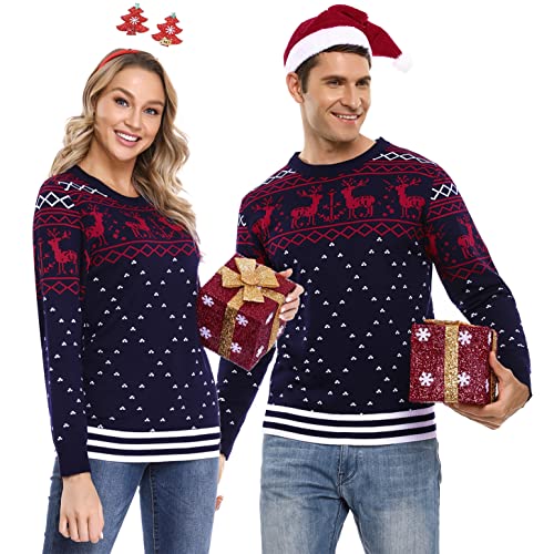 Litherday Weihnachtspullover Herren Strickpullover mit Rentiermuster Rundhals Strickpulli Lang Christmas Sweater Warme Pullover für Weihnachten Party im Winter, Marine, XL von Litherday