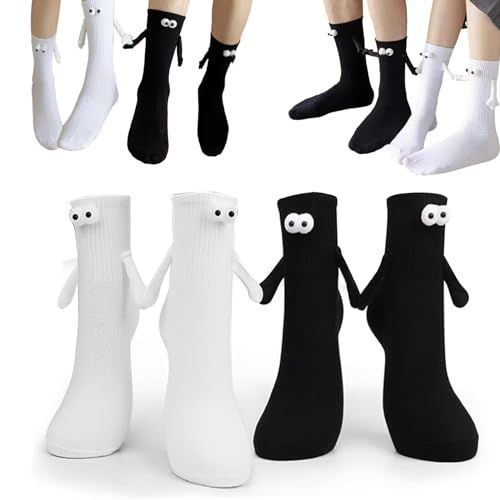 Lithyc 2 Paar Magnetische Socken - Socken Mit Magnetarmen - Socken HäNdchen Halten,Lustige Magnetische Handhaltesocken, Hand-In-Hand-Socken, FüR Damen Herren, Weiß/Schwarz von Lithyc