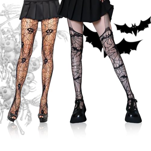 Lithyc 2 Stück Skelett-Strumpfhose Damen-Halloween-Netz-Strumpfhosen-Cosplay-Netzstrumpfhose-Skeletts für Partys oder den Alltag von Lithyc