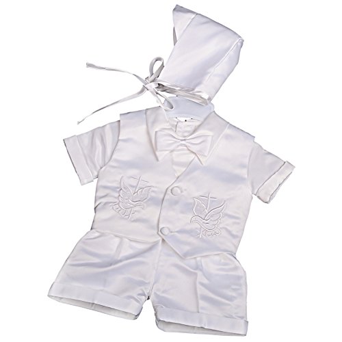 Lito Angels Satin Taufkleidung Taufanzug für Baby Junge, 4 Teiliges Taufe Anzug Set mit Taufhaube, Größe 3-6 Monate 68, Weiss, Kurzarm von Lito Angels