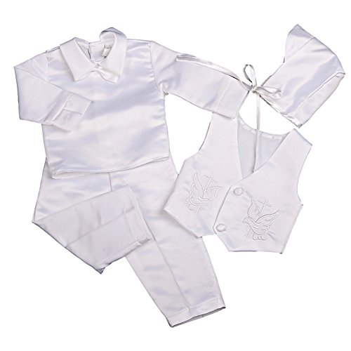 Lito Angels Satin Taufkleidung Taufanzug für Baby Junge, 4 Teiliges Taufe Anzug Set mit Taufhaube, Größe 0-3 Monate 62, Weiss, Langarm von Lito Angels