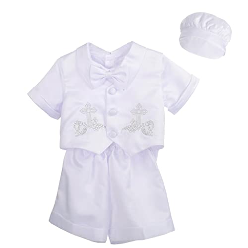 Lito Angels Baby Jungen 4 Teiliges Taufe Anzug Set mit Taufhaube, Satin Taufkleidung Taufanzug Kurzarm, Größe 12-18 Monate 86, Stil A von Lito Angels