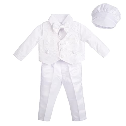 Lito Angels Baby Jungen 4 Teiliges Weißer Anzug Set mit Jacquard Weste und Taufhaube zur Taufe/Hochzeit, Taufkleidung Taufanzug Hochzeitsanzug, Größe 12-18 Monate 86 von Lito Angels