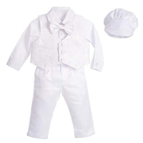 Lito Angels Baby Jungen Taufkleidung Taufanzug, 5 Teiliges Weißer Anzug mit Jacquard Weste und Taufhaube zur Taufe, Größe 6-9 Monate 74 von Lito Angels