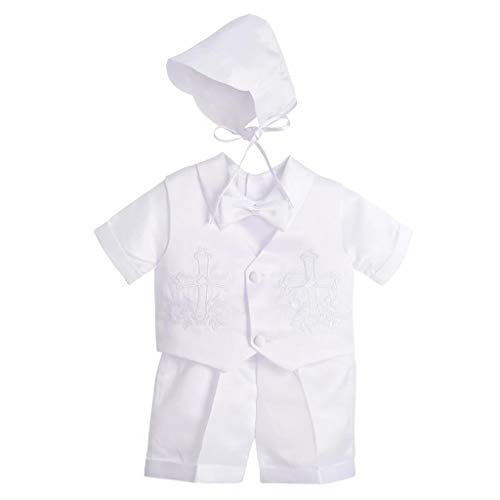 Lito Angels Baby Jungen Taufkleidung Taufe Anzug mit Taufhaube, 4 Teiliges Satin Taufanzug Weiß, Stickerei Kreuz Muster, Kurzarm, Größe 6-9 Monate 74 von Lito Angels