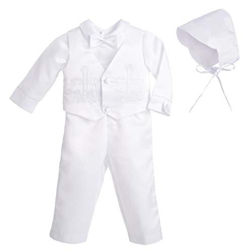 Lito Angels Baby Jungen Taufkleidung Taufe Anzug mit Taufhaube, 4 Teiliges Satin Taufanzug Weiß, Stickerei Kreuz Muster, Langarm, Größe 0-3 Monate 62 von Lito Angels