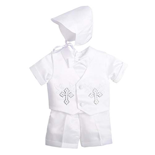 Lito Angels Baby Jungen Taufkleidung Taufe Anzug mit Taufhaube, 4 Teiliges Satin Taufanzug Weiß, Strass Kreuz Muster, Kurzarm, Größe 12-18 Monate 86 von Lito Angels