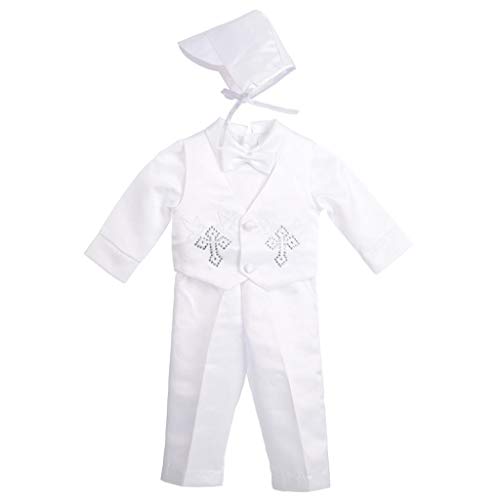 Lito Angels Baby Jungen Taufkleidung Taufe Anzug mit Taufhaube, 4 Teiliges Satin Taufanzug Weiß, Strass Kreuz Muster, Langarm, Größe 0-3 Monate 62 von Lito Angels