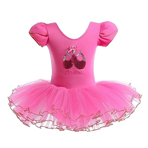 Lito Angels Ballettkleid Ballerina Kleid Ballett Tutu für Kinder Mädchen, Kurzarm Tanzkleid Balletttrikot Tanzbody mit Tutu Rock, Größe 5-6 Jahre, Heißes Rosa (Tag-Nummer XL) von Lito Angels