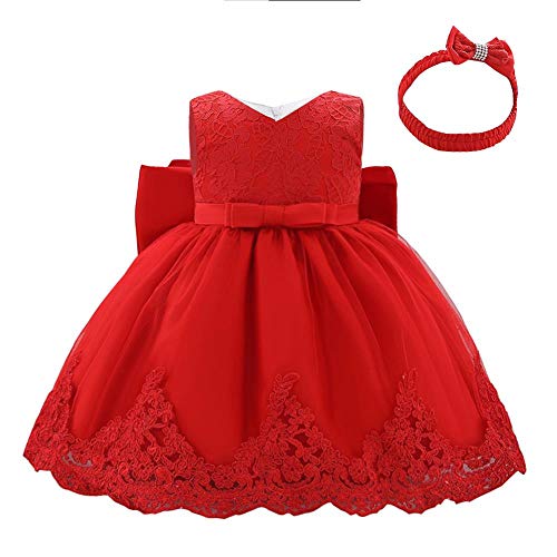 Lito Angels Blumenmädchen Elegantes Ballkleid Hochzeit Kleid Spitzenkleid mit Stirnband für Baby Mädchen Größe 3-6 Monate 68 Rot 426 von Lito Angels