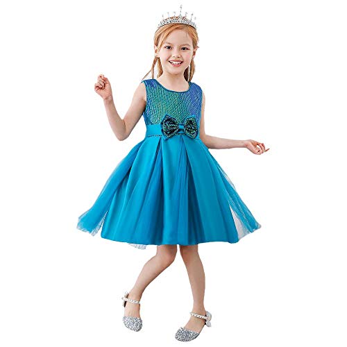 Lito Angels Blumenmädchen Elegantes Paillette Hochzeit Kleid Ballkleid Kurz mit Schleife für Kinder Mädchen Größe 8-9 Jahre 134, Meeresblau 428 von Lito Angels