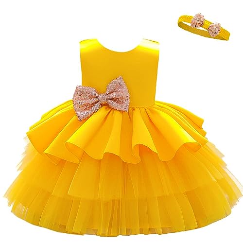 Lito Angels Elegantes Kleid Hochzeit Blumenmädchen Ballkleid Tüllkleid mit Stirnband für Baby Mädchen Größe 12-24 Monate 92, Gelb (Tag-Nummer 80) von Lito Angels