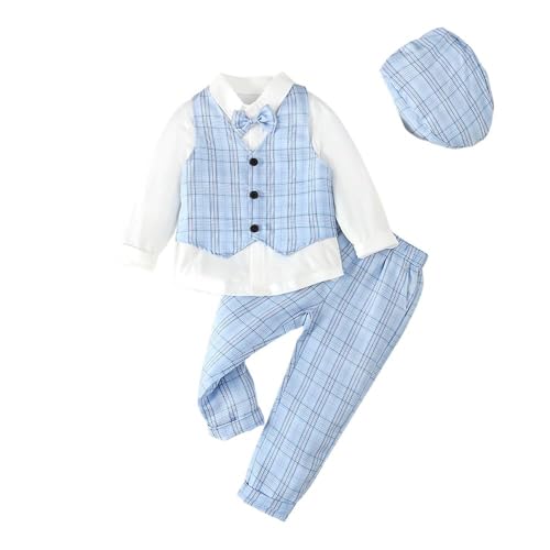 Lito Angels Gentleman Hochzeit Festliche Kariert Weste Anzug Set mit Hut für Kinder Jungen Größe 3-4 Jahre 104, Blau von Lito Angels