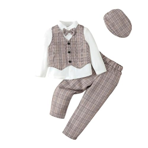 Lito Angels Gentleman Hochzeit Festliche Kariert Weste Anzug Set mit Hut für Kinder Jungen Größe 4-5 Jahre 110, Braun von Lito Angels