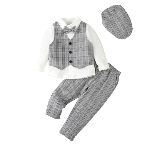 Lito Angels Gentleman Hochzeit Festliche Kariert Weste Anzug Set mit Hut für Kinder Jungen Größe 7 Jahre 122/128, Grau von Lito Angels