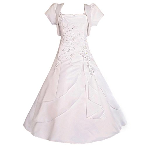 Lito Angels Blumenmädchen Hochzeit Festlich Weißes Satin Kleid Kommunionkleid mit Bolero Kurzarm für Kinder Mädchen Größe 7-8 Jahre 128 von Lito Angels