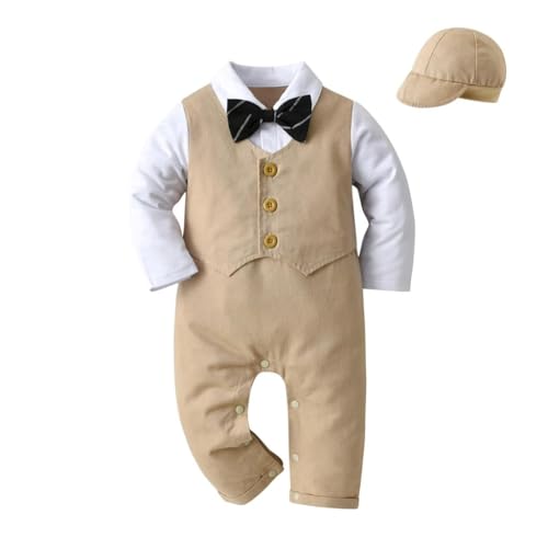 Lito Angels Smoking Strampler Bodys Einteiler Gentleman Hochzeit Anzug mit Hut für Baby Jungen Größe 12-18 Monate 86, Khaki (Tag-Nummer 90) von Lito Angels