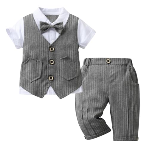 Lito Angels Sommer Gentleman Hochzeit Weste Anzug Set mit Fliege für Kinder Jungen Größe 2-3 Jahre 98, Grau Gestreift von Lito Angels