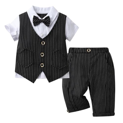 Lito Angels Sommer Gentleman Hochzeit Weste Anzug Set mit Fliege für Kinder Jungen Größe 4-5 Jahre 110, Schwarz Gestreift von Lito Angels