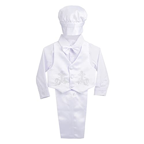 Lito Angels Taufkleidung Taufanzug für Baby Jungen, 5 Teiliges Satin Taufe Weiss Anzug Set mit Taufhaube Hut, Langarm, Größe 12-18 Monate 86, Stil A von Lito Angels