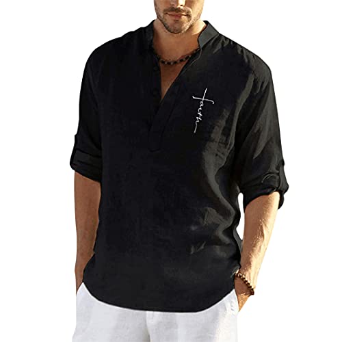 Herren Hemd Shirts Freizeithemd Leinenhemd Fischerhemd Langarm Baumwolle Regular Fit Sommerhemd mit Button-Down-Kragen für Männer (L, Schwarz) von Litthing