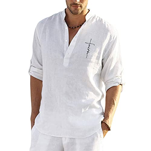 Herren Hemd Shirts Freizeithemd Leinenhemd Fischerhemd Langarm Baumwolle Regular Fit Sommerhemd mit Button-Down-Kragen für Männer (M, Weiß) von Litthing