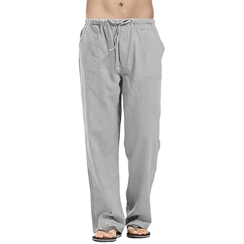 Hose Herren Casual Loose Fit Freizeithose Strandhosen Leinen Hose Herren Cargohose Leinenhose Männer Herren-Hose Lockere Sommer Stoffhose Sommerhose für Männer (Grau, L) von Litthing