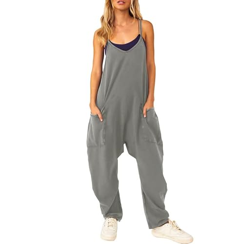 Latzhose Damen Wide Leg Jumpsuit With Pockets Übergroßer Lockerer Reißverschluss Lässiger Overall Dünne Träger Große Hose Mit Großen Taschen Haremshose Baggy Soft Comfort Romper Playsuit von Litthing