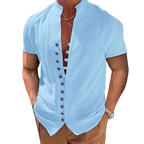 Leinen Hemd Herren Kurzarm Sommer Blau Hemden Herren Freizeithemd Männer Universal Fit Kurzarmhemd für Männer Herren Freizeit und Büro Jungen Basic Shirt Freizeit Sommerhemd von Litthing