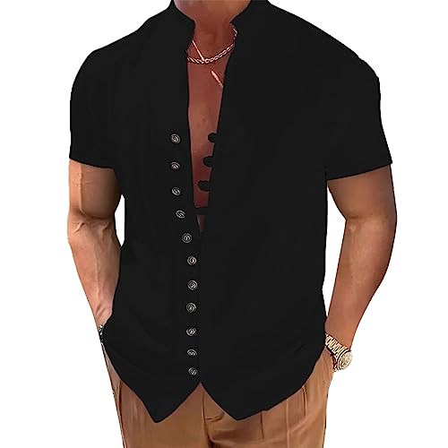 Leinen Hemd Herren Kurzarm Sommer Schwarz Hemden Herren Freizeithemd Männer Universal Fit Kurzarmhemd für Männer Herren Freizeit und Büro Jungen Basic Shirt Freizeit Sommerhemd von Litthing