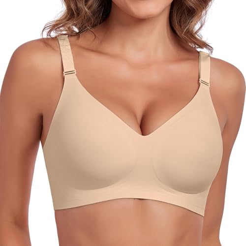 Litthing BH Damen Ohne Bügel Comfit Push Up BH Große Brüste Starker Halt V-Ausschnitt Soft Bügelloser BH Comfit T Shirt Ohne Buegel Bralette Seamless Schlaf Bra mit zusätzlicher BH-Verlängerung von Litthing