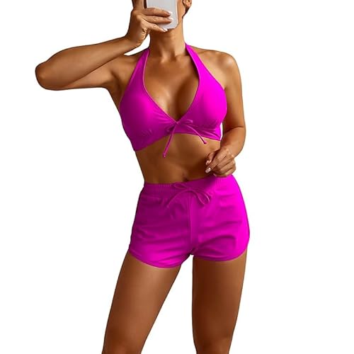 Litthing Bikini Damen Set Push Up High Waist Zweiteiliger Badeanzug Neckholder V Ausschnitt Bademode mit Hotpants Strandmode Swimsuit (as3, Alpha, x_l, Regular, Regular, Rosarot) von Litthing