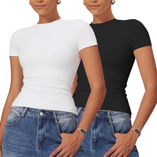 Litthing Damen Basic T Shirt Rundhals Slim Fit Sport Oberteile Damen Compression Yoga Kurzes T-Shirt Y11K Tops Streetwear Damen Sommer Bequem und Elastisc von Litthing