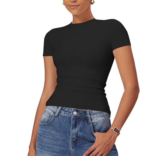 Litthing Damen Basic T-Shirt Rundhals Slim Fit Sport Oberteile Compression Yoga Kurzes Shirt Y5K Tops Streetwear Sommer Bequem und Elastisch von Litthing