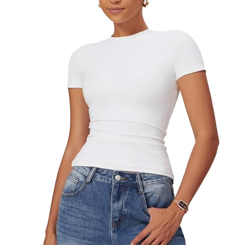 Litthing Damen Basic T Shirt Rundhals Slim Fit Sport Oberteile Damen Compression Yoga Kurzes T-Shirt Y9K Tops Streetwear Damen Sommer Bequem und Elastisc von Litthing